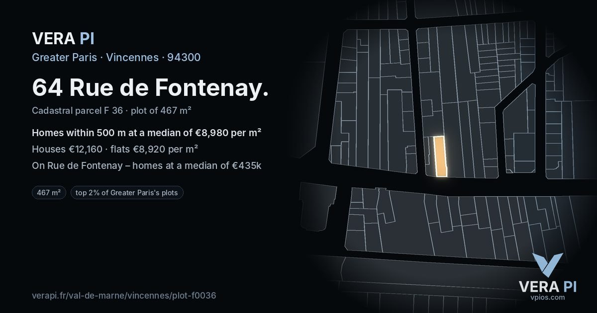 64 Rue de Fontenay, Vincennes at night – the plot lit, the parcels around coloured by the prices near them
