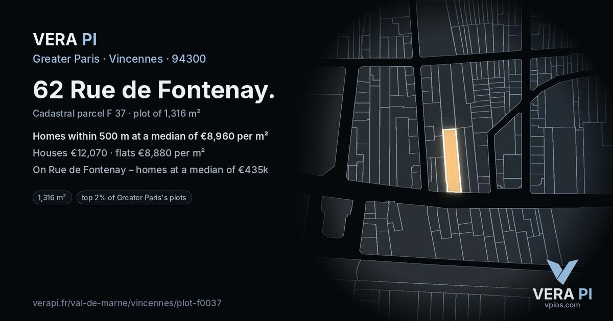 62 Rue de Fontenay, Vincennes at night – the plot lit, the parcels around coloured by the prices near them