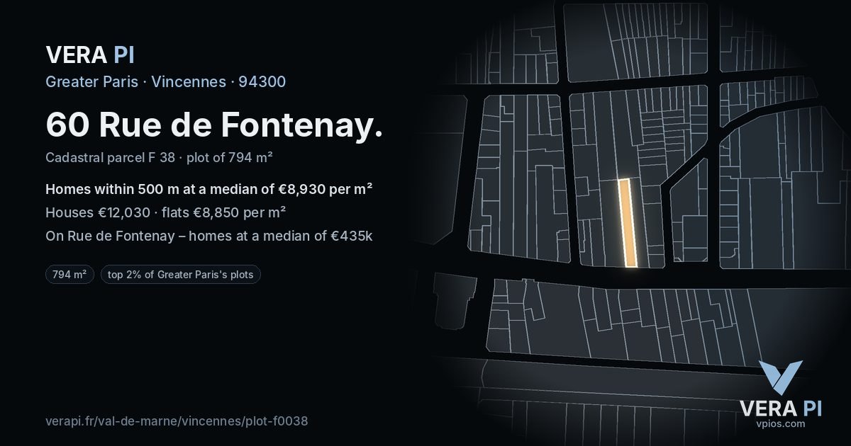 60 Rue de Fontenay, Vincennes at night – the plot lit, the parcels around coloured by the prices near them