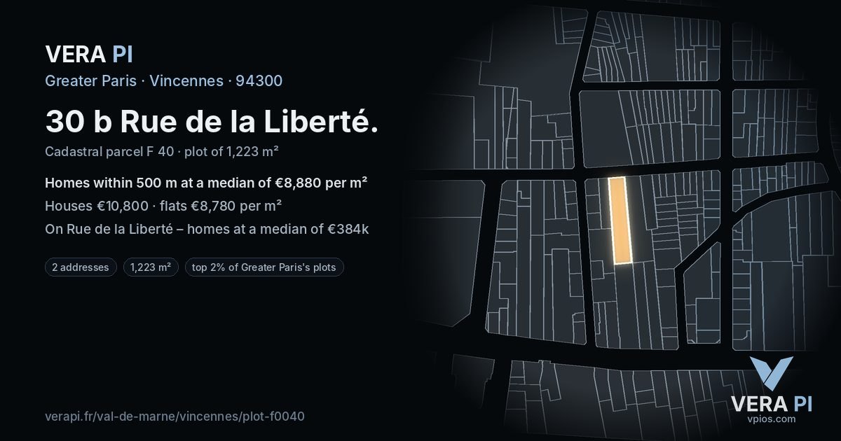 30 b Rue de la Liberté, Vincennes at night – the plot lit, the parcels around coloured by the prices near them