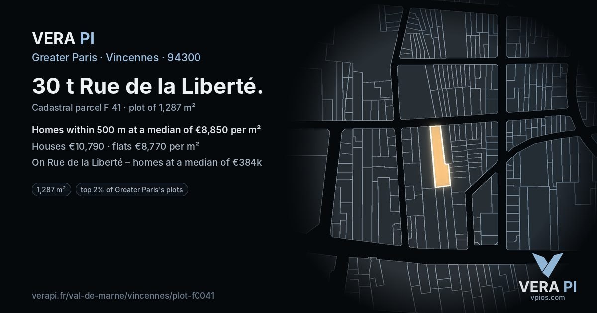 30 t Rue de la Liberté, Vincennes at night – the plot lit, the parcels around coloured by the prices near them