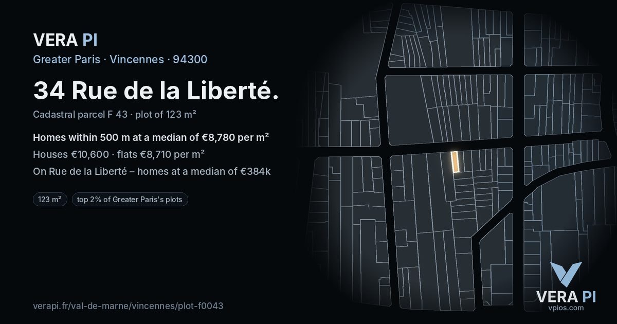 34 Rue de la Liberté, Vincennes at night – the plot lit, the parcels around coloured by the prices near them