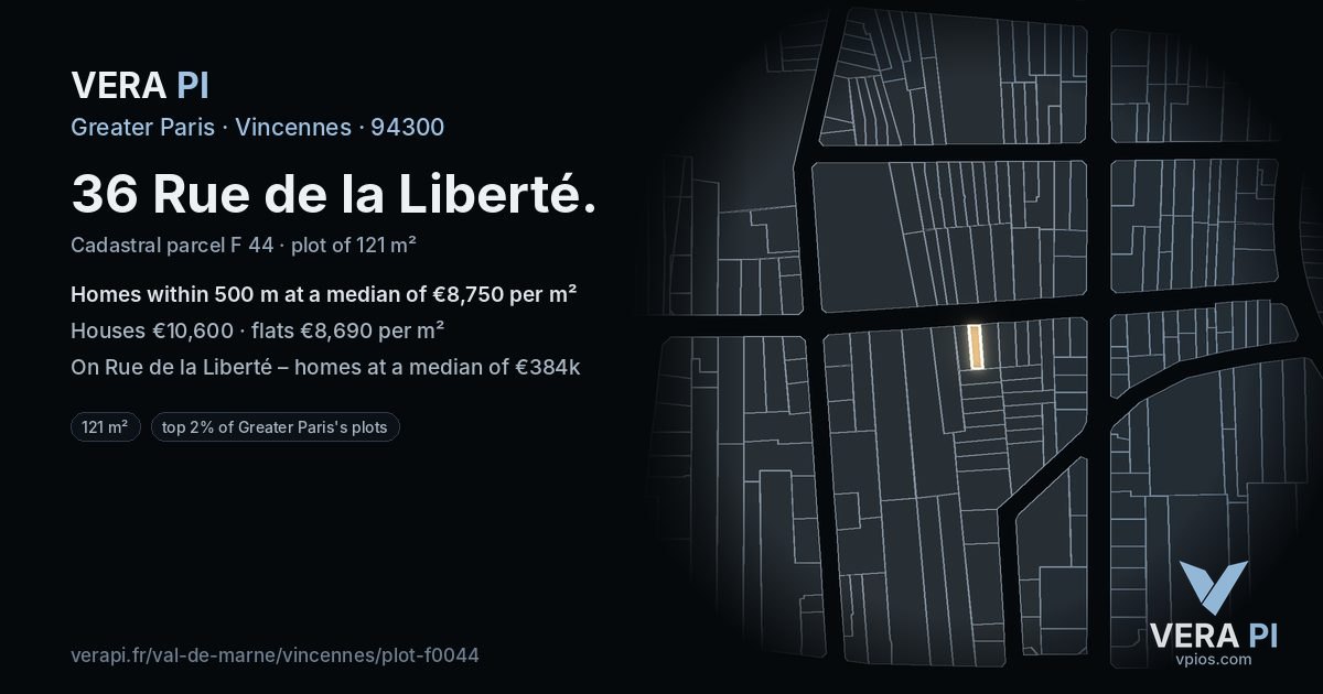 36 Rue de la Liberté, Vincennes at night – the plot lit, the parcels around coloured by the prices near them