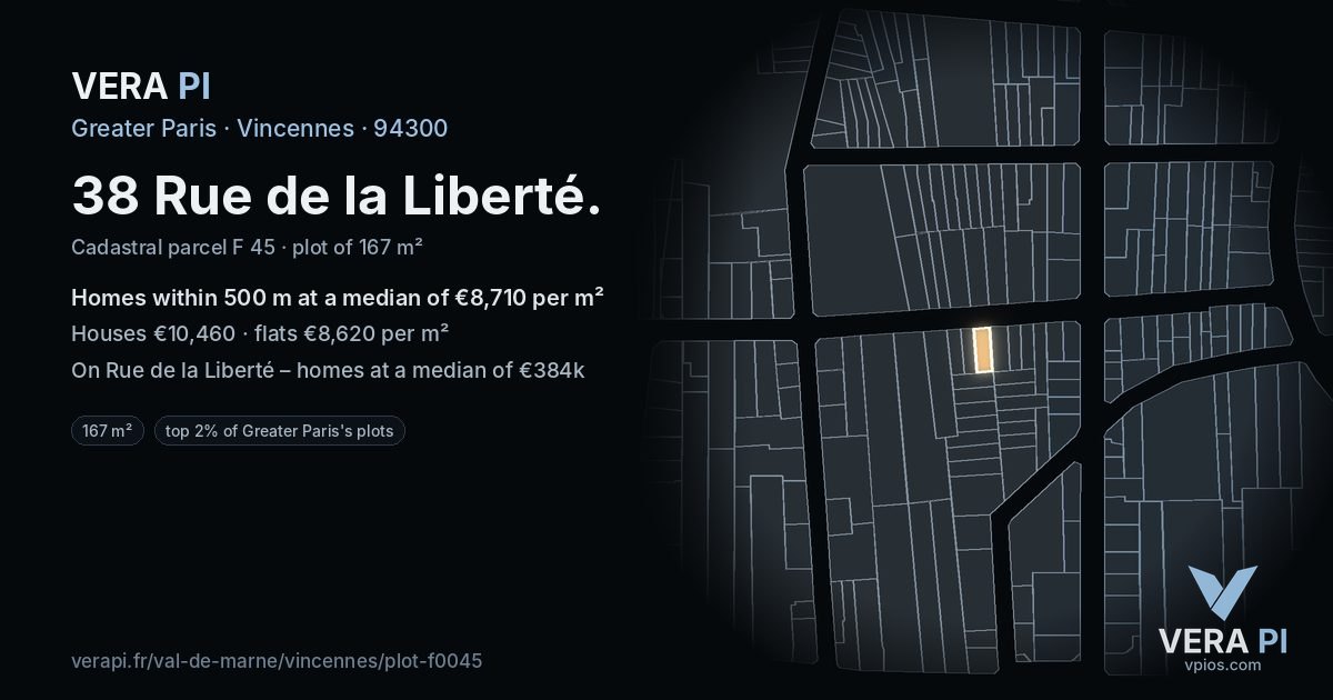 38 Rue de la Liberté, Vincennes at night – the plot lit, the parcels around coloured by the prices near them