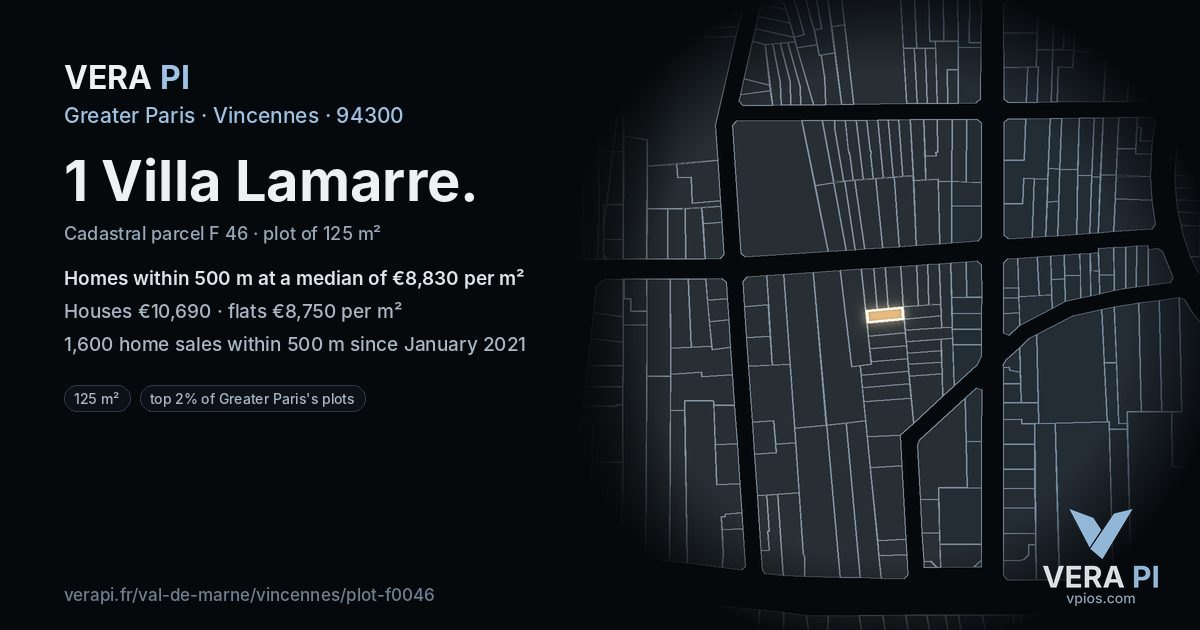 1 Villa Lamarre, Vincennes at night – the plot lit, the parcels around coloured by the prices near them