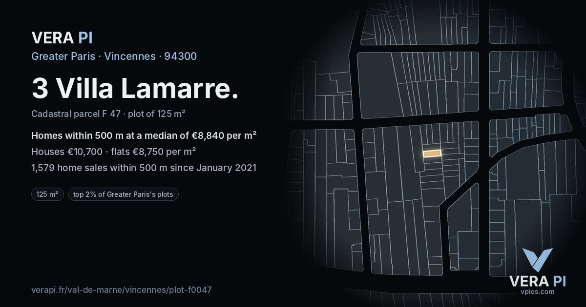 3 Villa Lamarre, Vincennes at night – the plot lit, the parcels around coloured by the prices near them