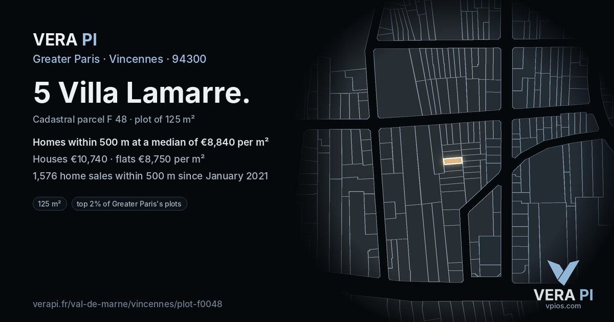 5 Villa Lamarre, Vincennes at night – the plot lit, the parcels around coloured by the prices near them