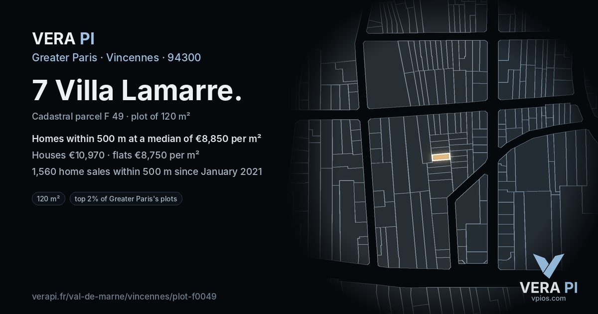 7 Villa Lamarre, Vincennes at night – the plot lit, the parcels around coloured by the prices near them