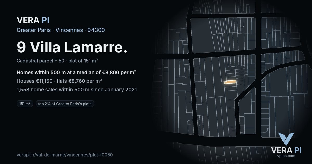 9 Villa Lamarre, Vincennes at night – the plot lit, the parcels around coloured by the prices near them