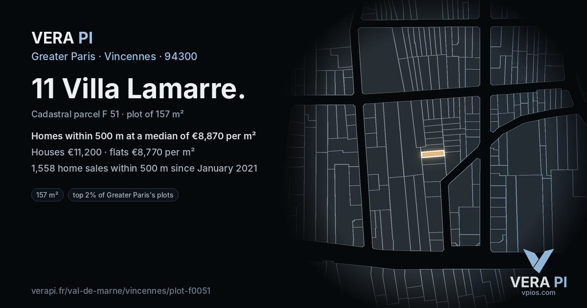 11 Villa Lamarre, Vincennes at night – the plot lit, the parcels around coloured by the prices near them
