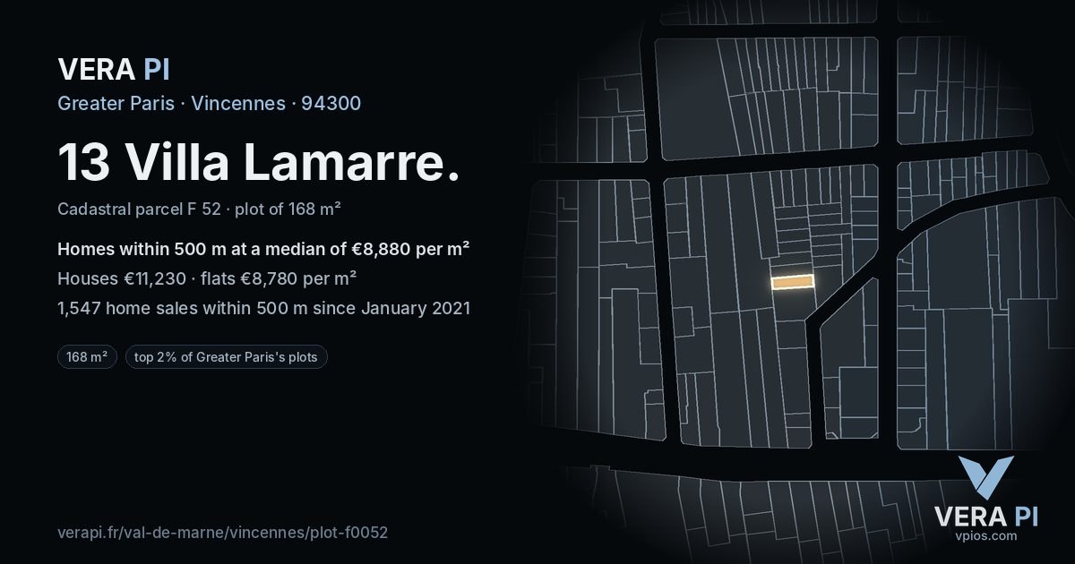 13 Villa Lamarre, Vincennes at night – the plot lit, the parcels around coloured by the prices near them