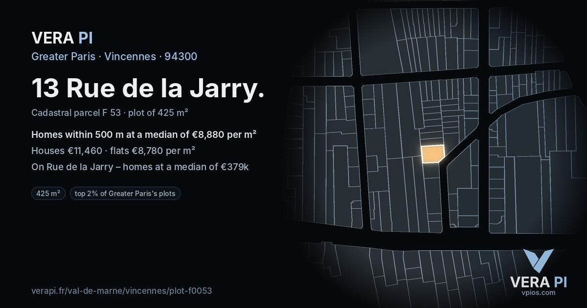 13 Rue de la Jarry, Vincennes at night – the plot lit, the parcels around coloured by the prices near them