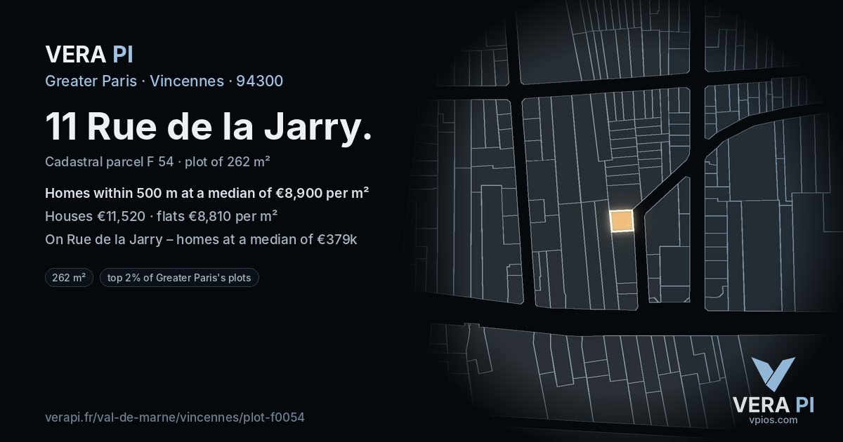 11 Rue de la Jarry, Vincennes at night – the plot lit, the parcels around coloured by the prices near them