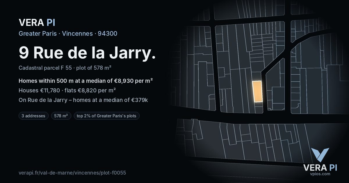 9 Rue de la Jarry, Vincennes at night – the plot lit, the parcels around coloured by the prices near them