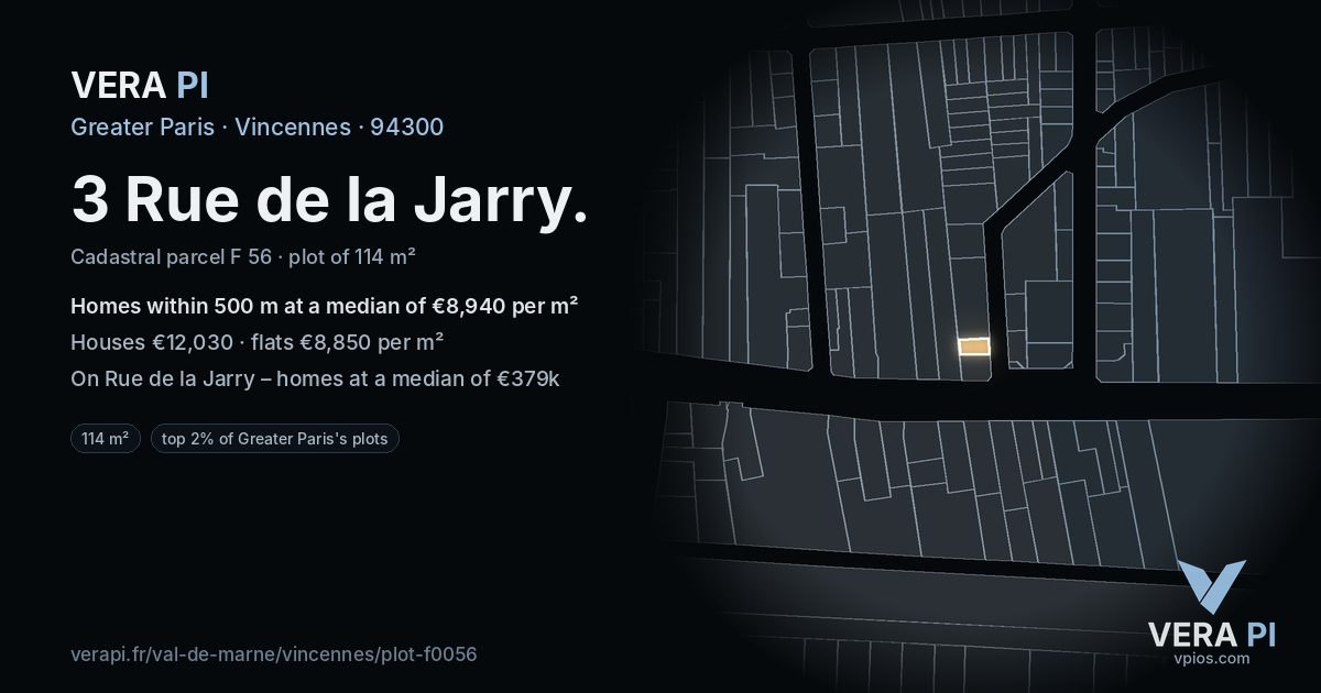 3 Rue de la Jarry, Vincennes at night – the plot lit, the parcels around coloured by the prices near them