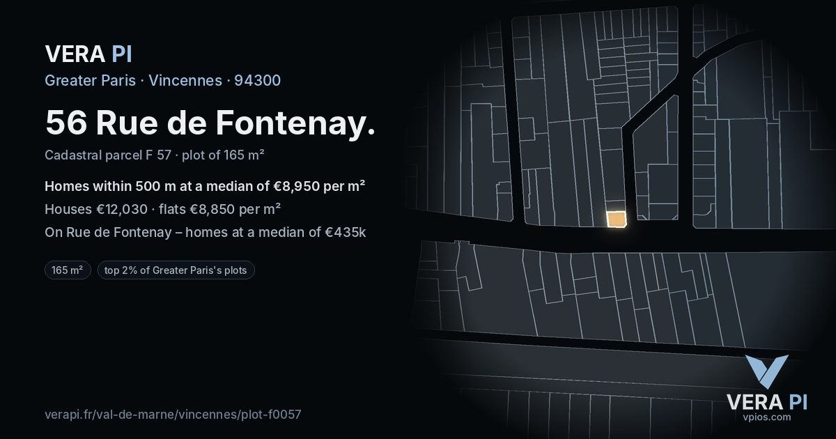 56 Rue de Fontenay, Vincennes at night – the plot lit, the parcels around coloured by the prices near them