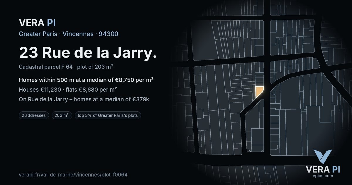 23 Rue de la Jarry, Vincennes at night – the plot lit, the parcels around coloured by the prices near them