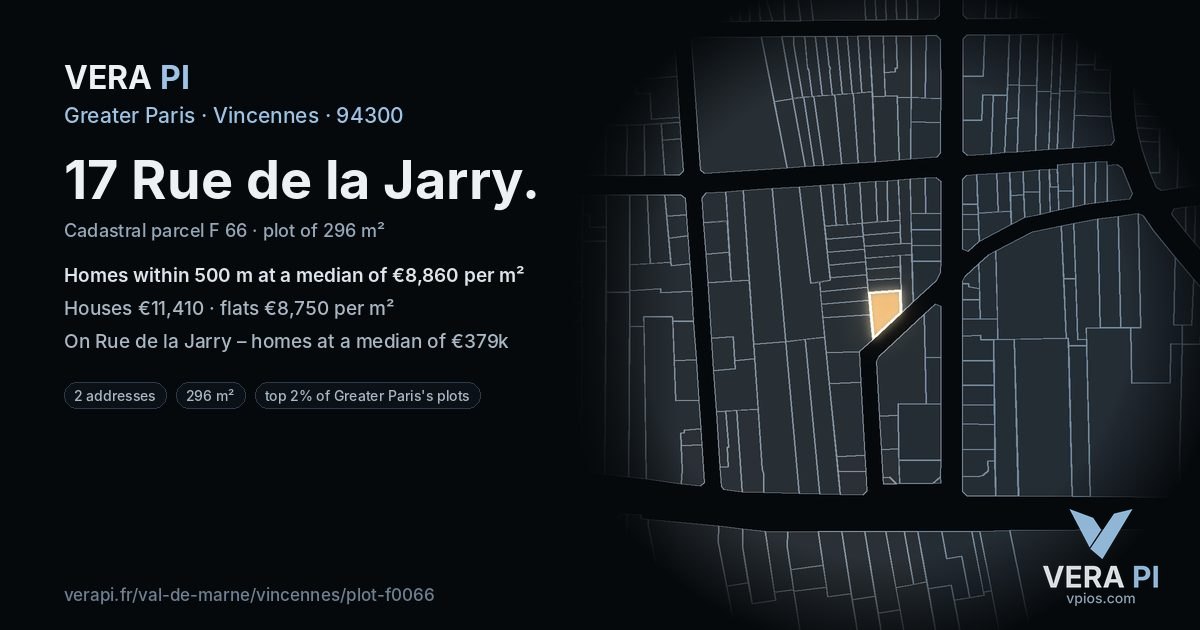 17 Rue de la Jarry, Vincennes at night – the plot lit, the parcels around coloured by the prices near them