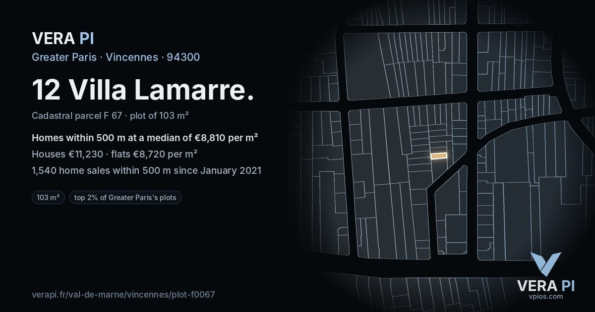 12 Villa Lamarre, Vincennes at night – the plot lit, the parcels around coloured by the prices near them