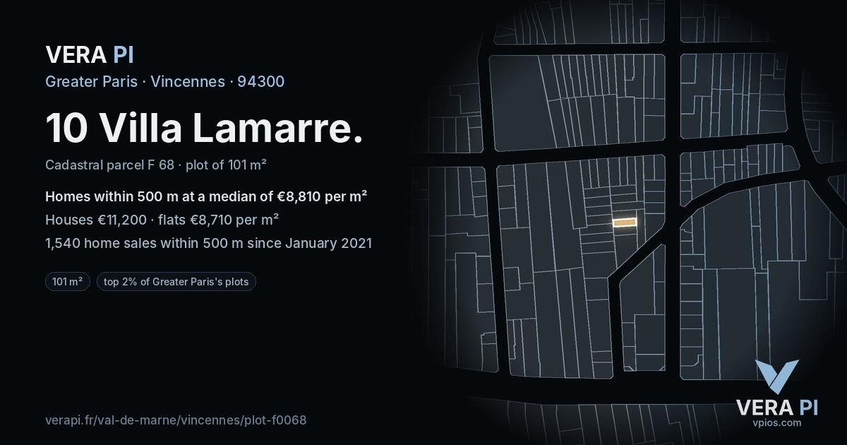 10 Villa Lamarre, Vincennes at night – the plot lit, the parcels around coloured by the prices near them