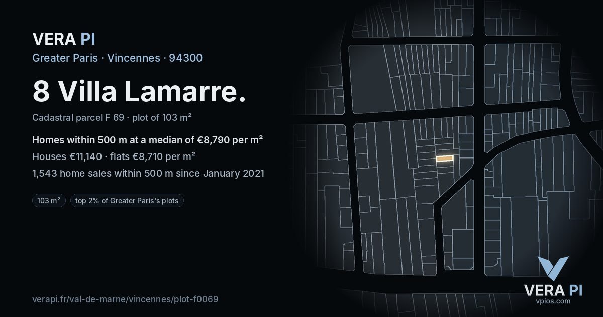 8 Villa Lamarre, Vincennes at night – the plot lit, the parcels around coloured by the prices near them