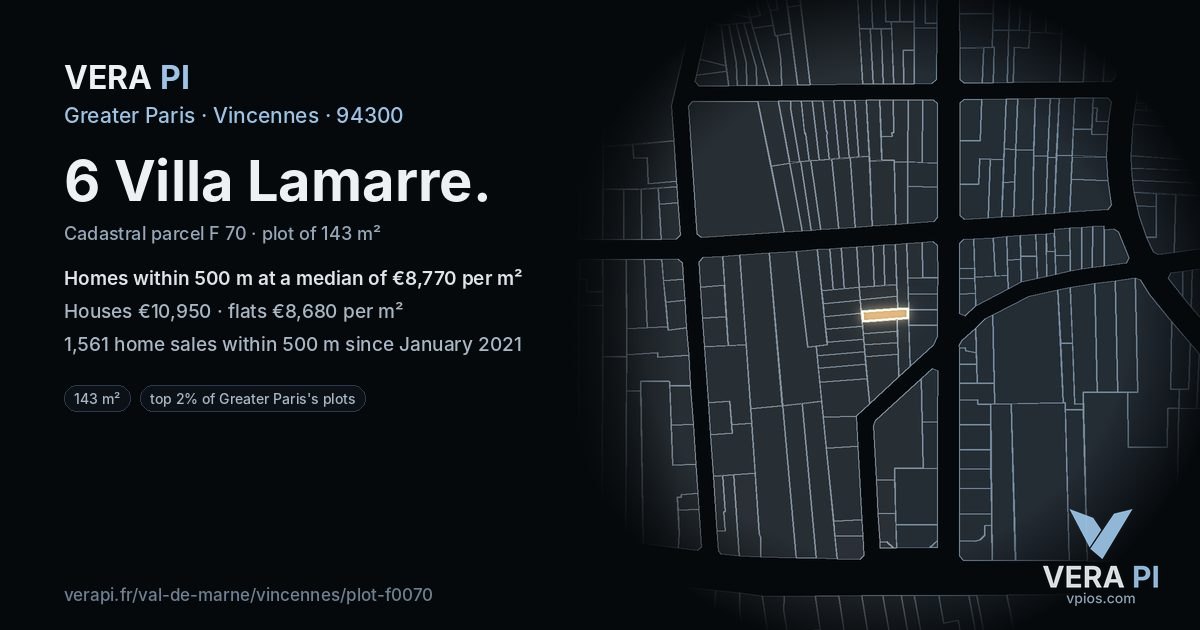 6 Villa Lamarre, Vincennes at night – the plot lit, the parcels around coloured by the prices near them
