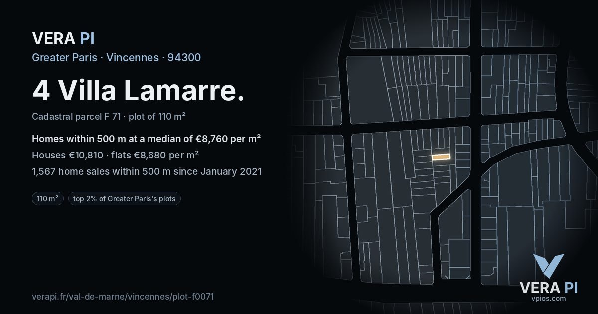 4 Villa Lamarre, Vincennes at night – the plot lit, the parcels around coloured by the prices near them