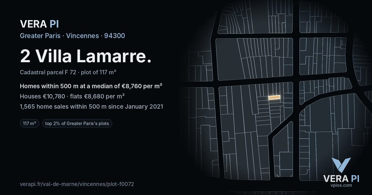 2 Villa Lamarre, Vincennes at night – the plot lit, the parcels around coloured by the prices near them