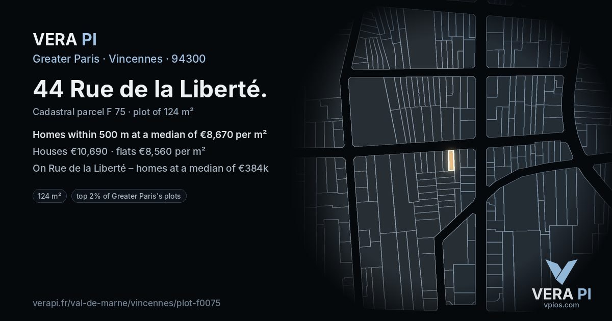 44 Rue de la Liberté, Vincennes at night – the plot lit, the parcels around coloured by the prices near them