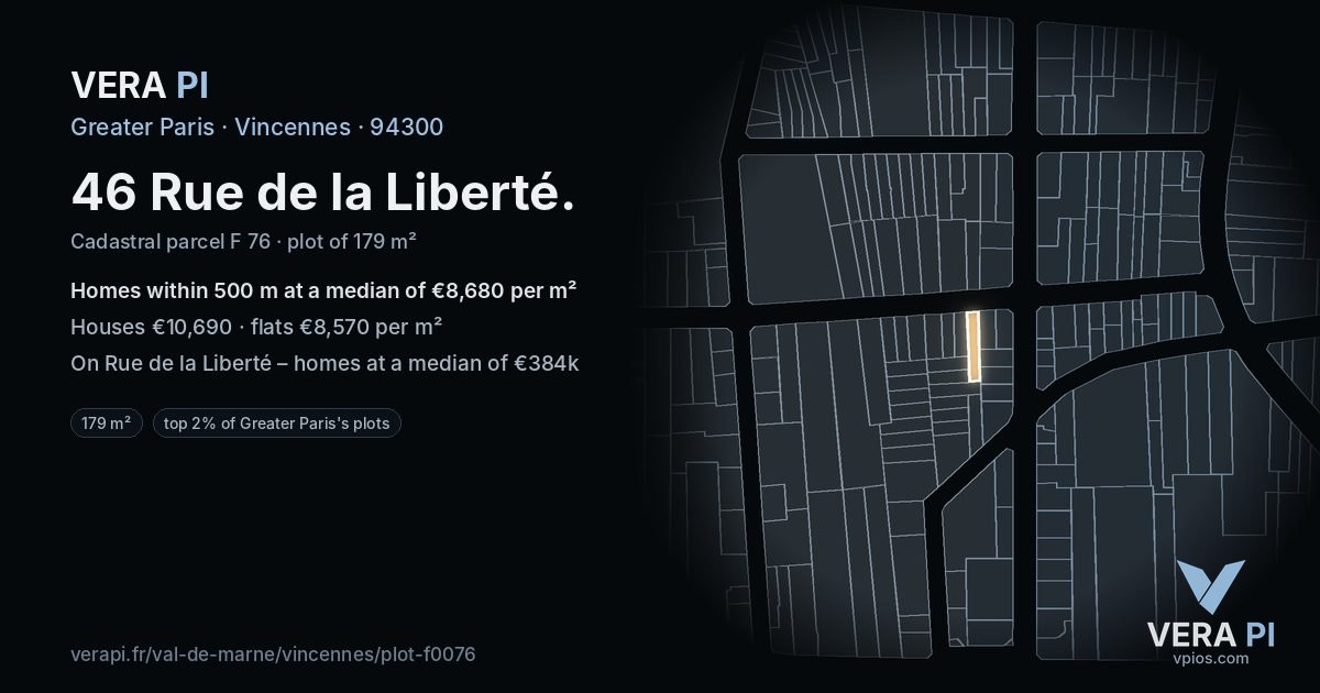 46 Rue de la Liberté, Vincennes at night – the plot lit, the parcels around coloured by the prices near them