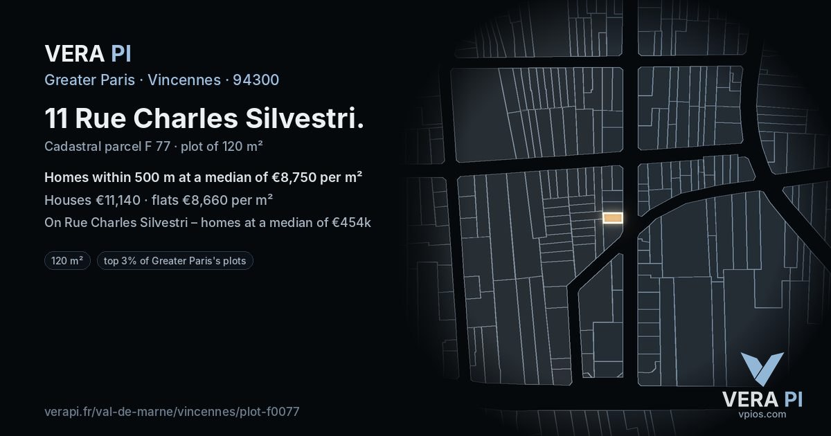 11 Rue Charles Silvestri, Vincennes at night – the plot lit, the parcels around coloured by the prices near them