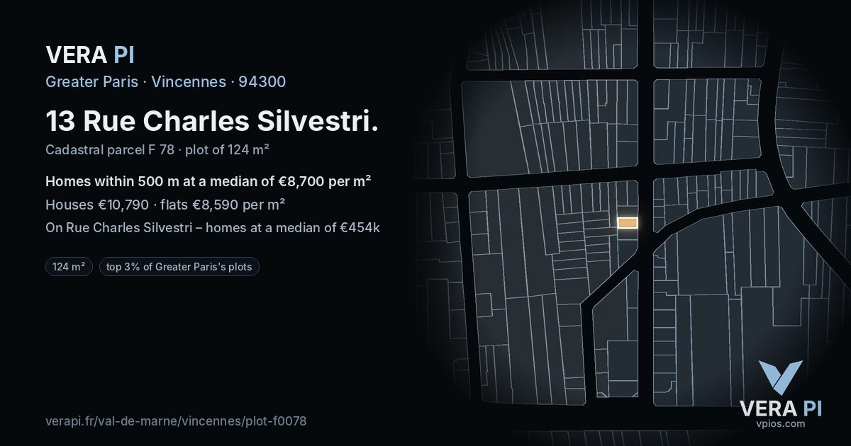 13 Rue Charles Silvestri, Vincennes at night – the plot lit, the parcels around coloured by the prices near them