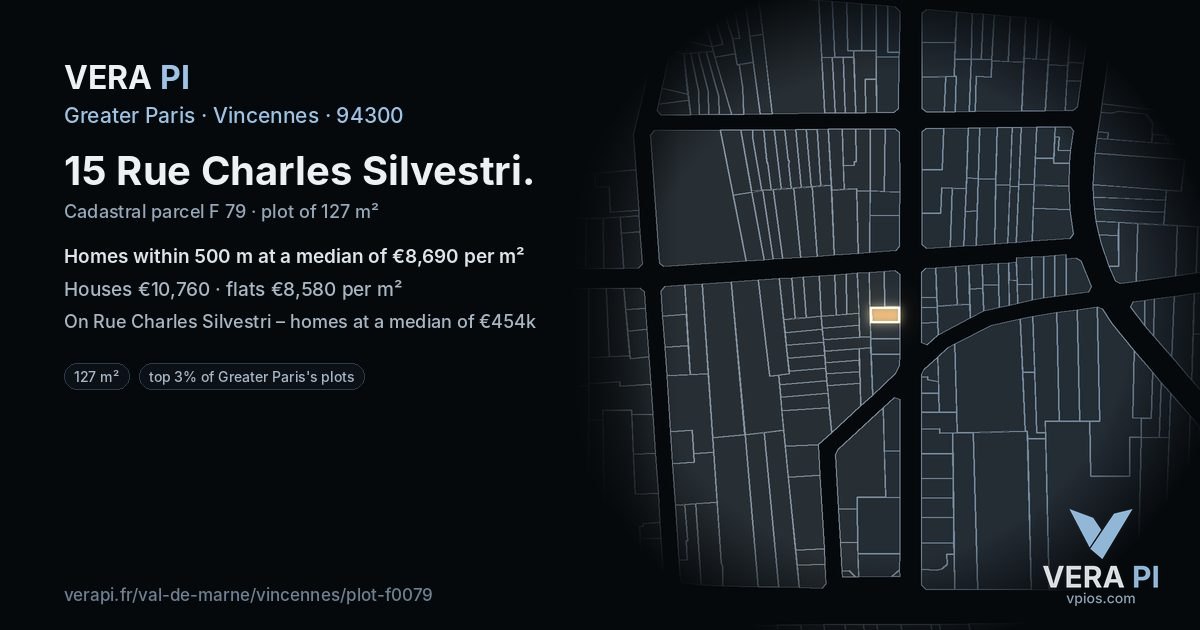 15 Rue Charles Silvestri, Vincennes at night – the plot lit, the parcels around coloured by the prices near them