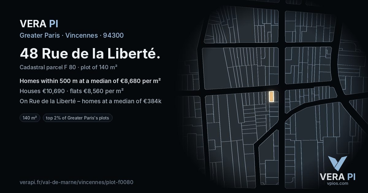 48 Rue de la Liberté, Vincennes at night – the plot lit, the parcels around coloured by the prices near them
