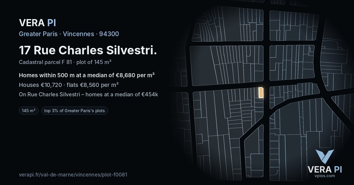 17 Rue Charles Silvestri, Vincennes at night – the plot lit, the parcels around coloured by the prices near them