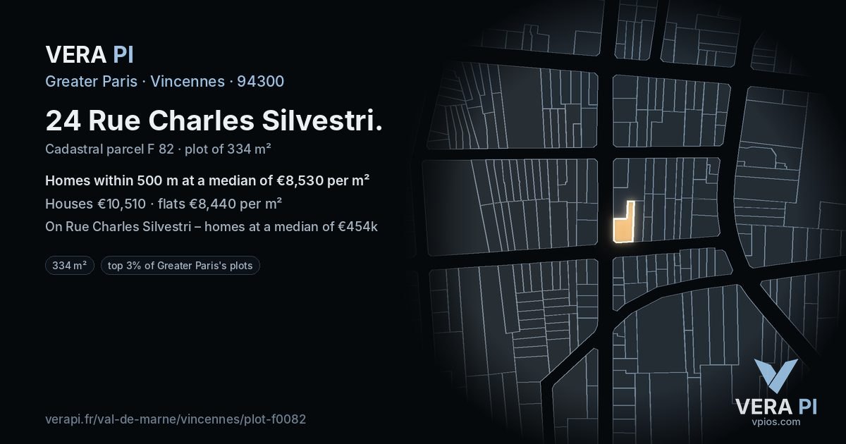 24 Rue Charles Silvestri, Vincennes at night – the plot lit, the parcels around coloured by the prices near them