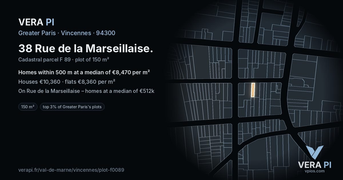 38 Rue de la Marseillaise, Vincennes at night – the plot lit, the parcels around coloured by the prices near them