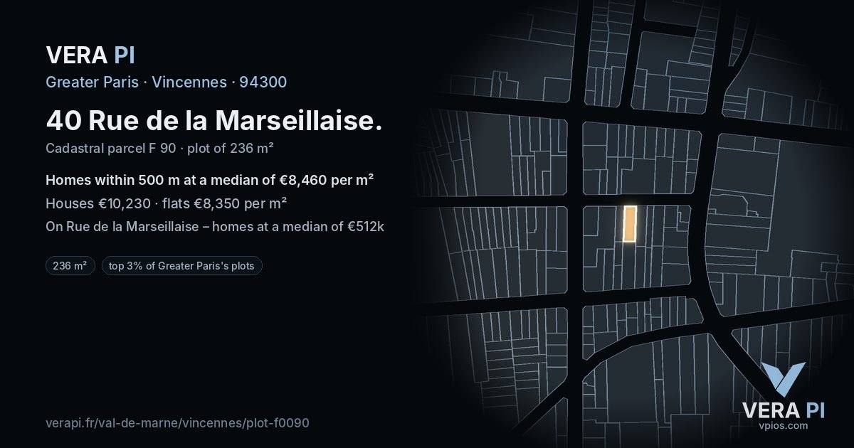 40 Rue de la Marseillaise, Vincennes at night – the plot lit, the parcels around coloured by the prices near them