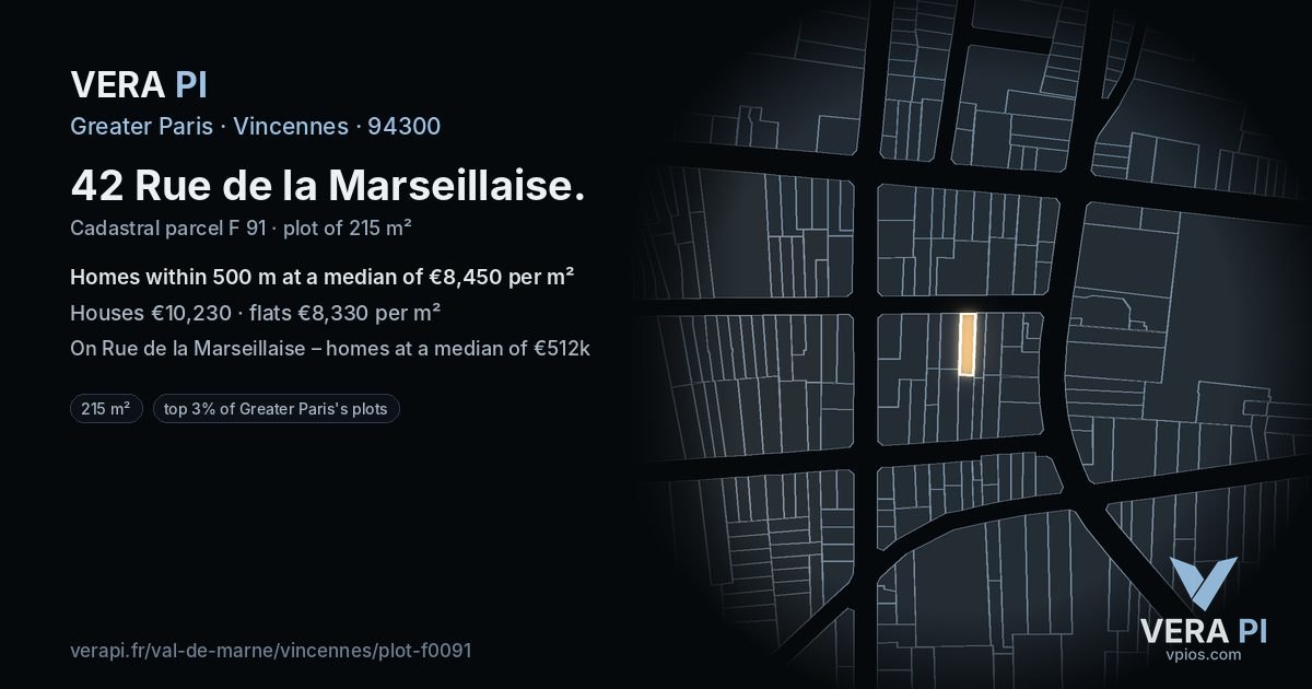 42 Rue de la Marseillaise, Vincennes at night – the plot lit, the parcels around coloured by the prices near them