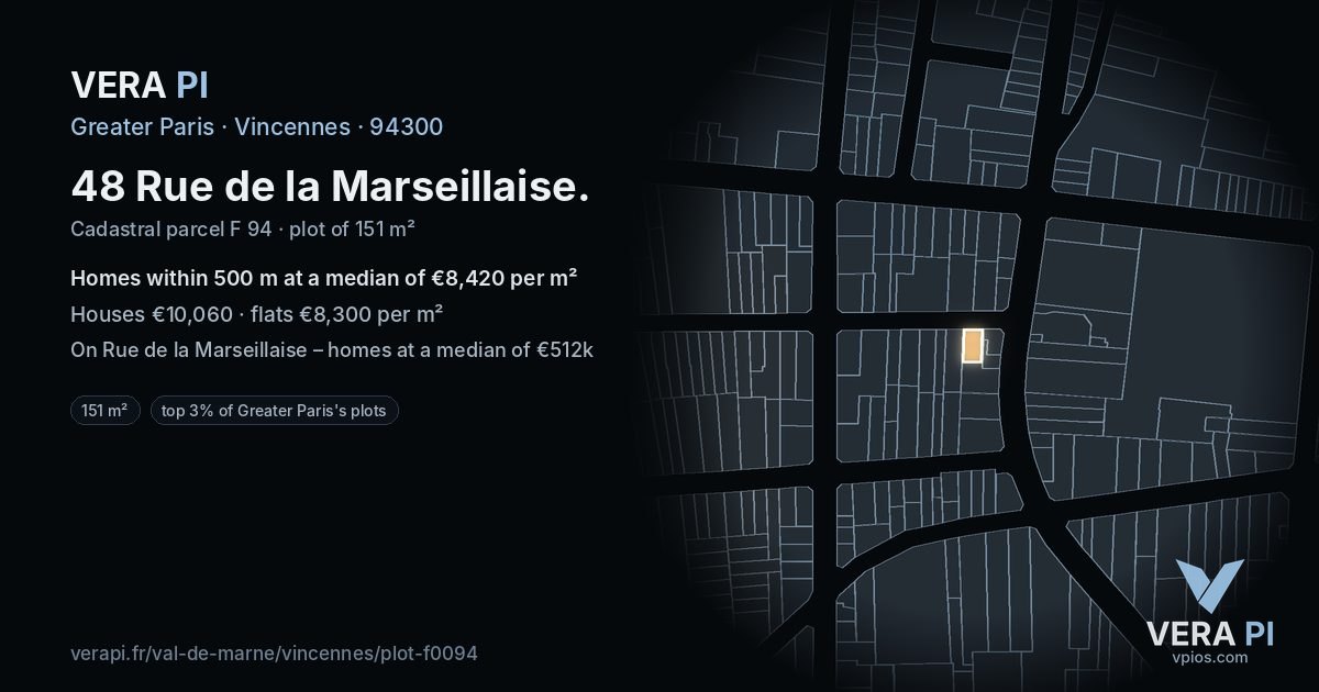 48 Rue de la Marseillaise, Vincennes at night – the plot lit, the parcels around coloured by the prices near them