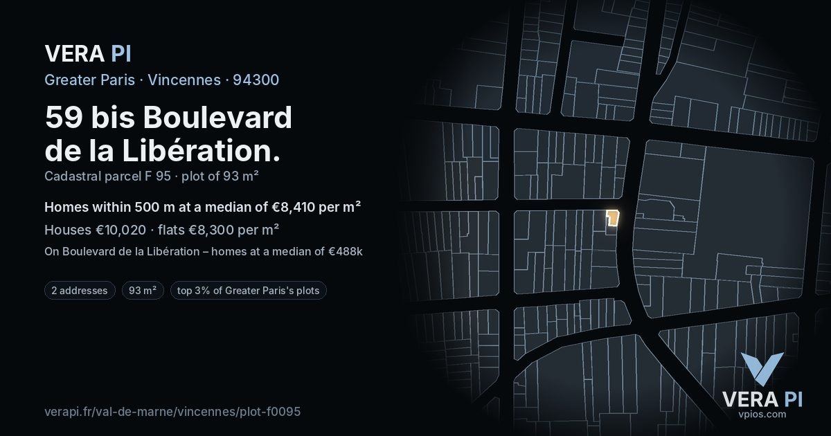 59 bis Boulevard de la Libération, Vincennes at night – the plot lit, the parcels around coloured by the prices near them