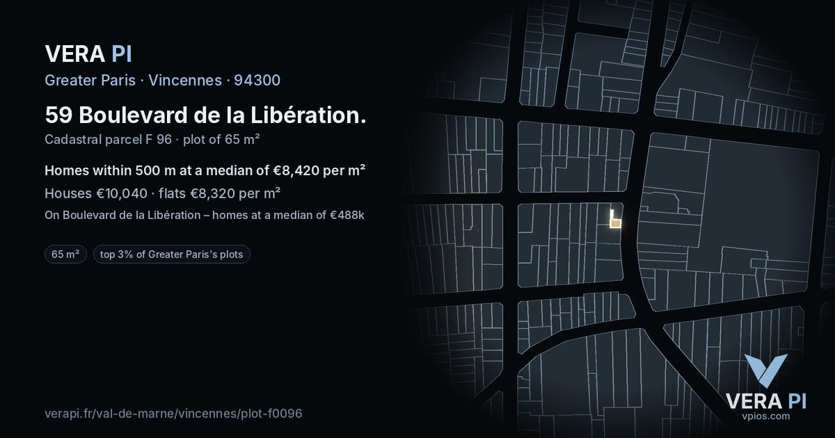 59 Boulevard de la Libération, Vincennes at night – the plot lit, the parcels around coloured by the prices near them