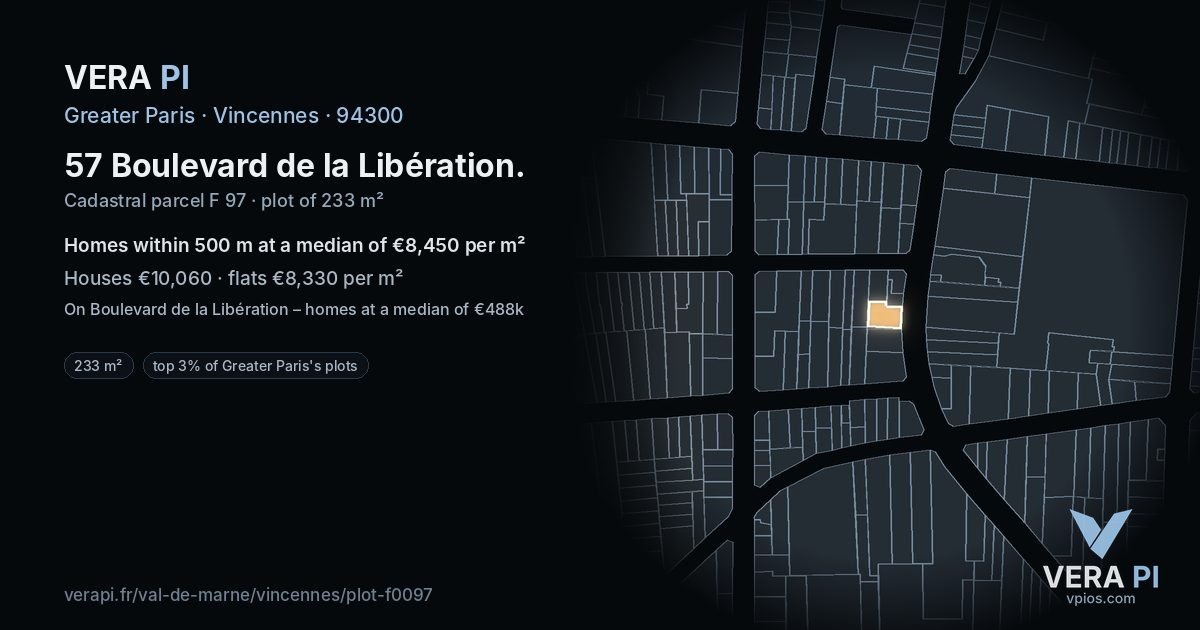 57 Boulevard de la Libération, Vincennes at night – the plot lit, the parcels around coloured by the prices near them