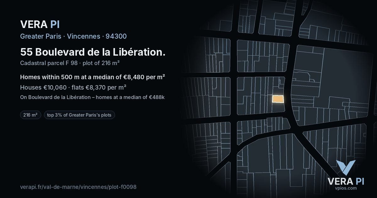 55 Boulevard de la Libération, Vincennes at night – the plot lit, the parcels around coloured by the prices near them