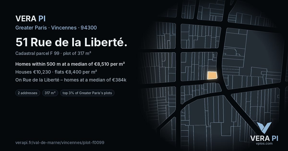 51 Rue de la Liberté, Vincennes at night – the plot lit, the parcels around coloured by the prices near them