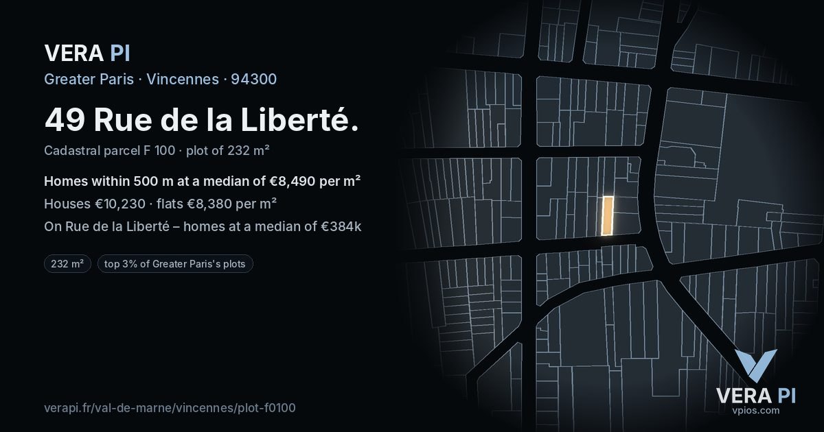 49 Rue de la Liberté, Vincennes at night – the plot lit, the parcels around coloured by the prices near them