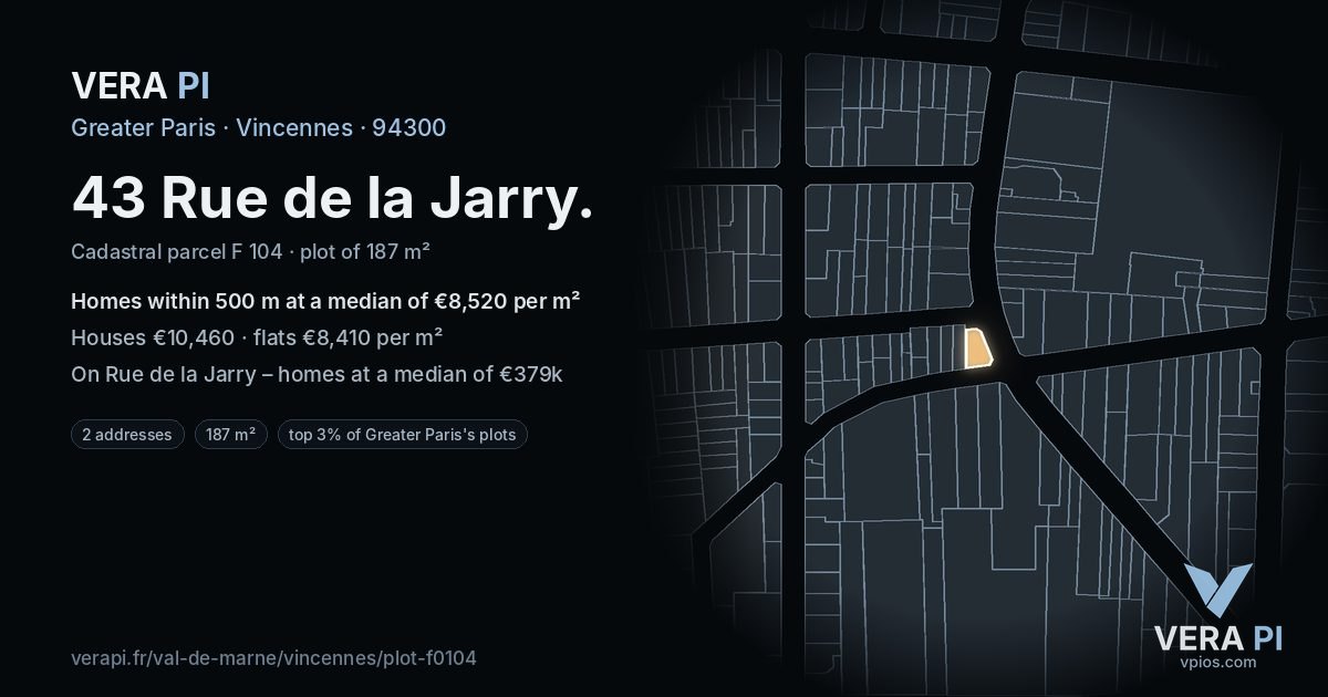 43 Rue de la Jarry, Vincennes at night – the plot lit, the parcels around coloured by the prices near them