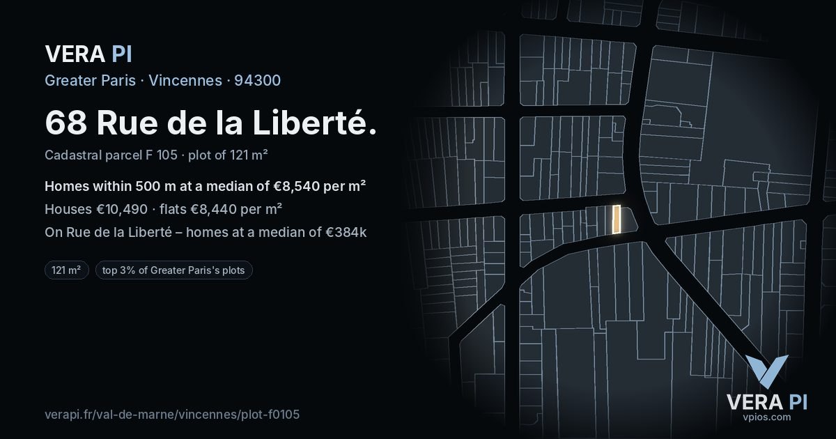 68 Rue de la Liberté, Vincennes at night – the plot lit, the parcels around coloured by the prices near them