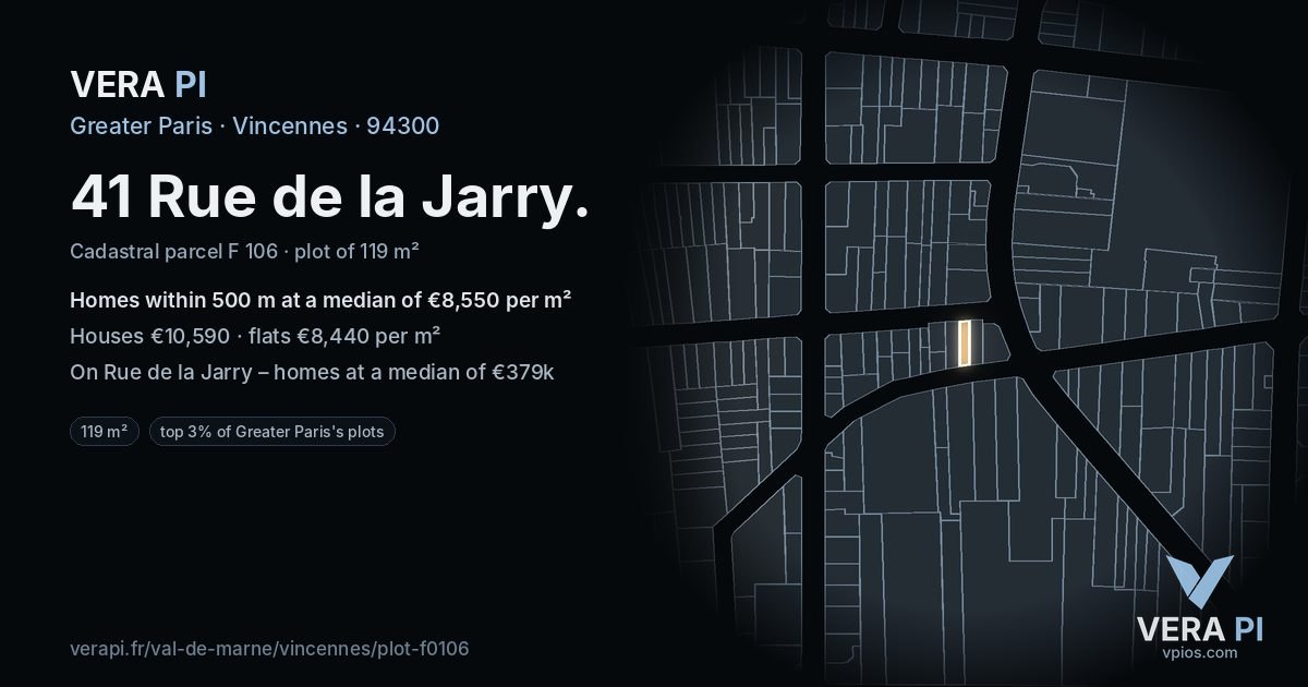 41 Rue de la Jarry, Vincennes at night – the plot lit, the parcels around coloured by the prices near them