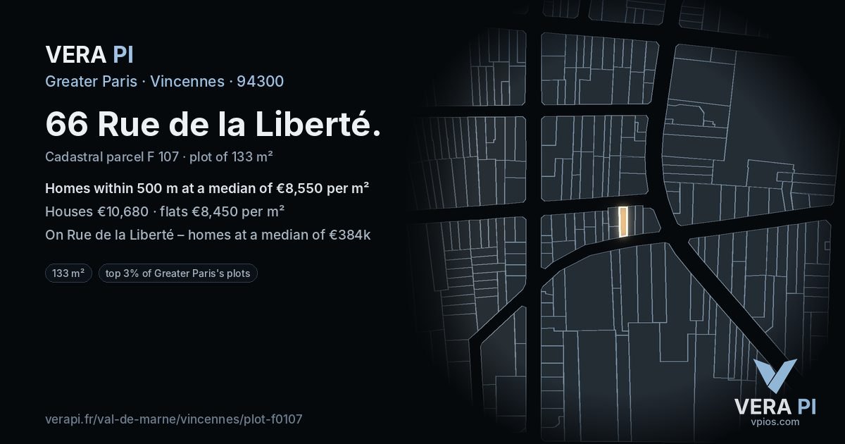 66 Rue de la Liberté, Vincennes at night – the plot lit, the parcels around coloured by the prices near them